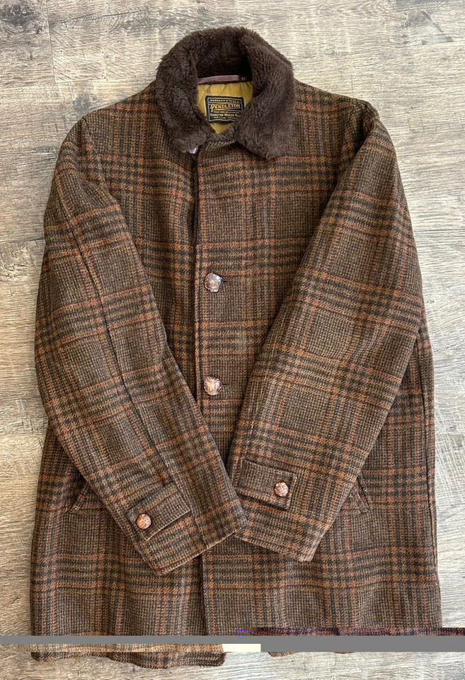 Vintage Pendleton Brown Plaid Fur Jacket/Coat 1970s Car Coat Western Large Wool - Image 4 of 4