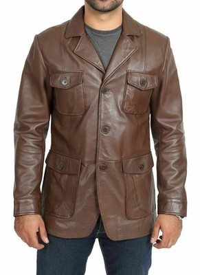 Men's Brown Genuine Lambskin Leather Blazer Three Button Western Style Coat