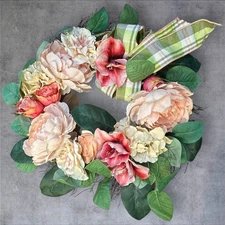 Spring Floral Wreath Peony Hydrangea Faux Flowers Green Plaid Bow 22"