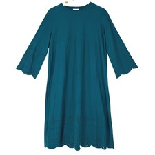 J. Jill Eyelet Knit Dress Womens M Tall Teal Blue 3/4 Sleeve Scallop Hem D-232
