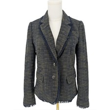 Banana Republic Fringe Trim Crest Button Tweed Blazer 6 Navy Olive Fall