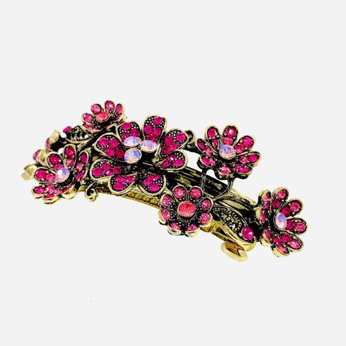 GLAM FLOWER VINTAGE BARRETTE Hair Clip Hairpin  Rhinestone Crystal Hot Pink Q23 - Picture 2 of 6