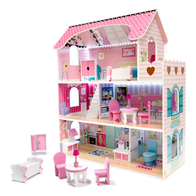 Großes Puppenhaus A98 XXL Traumhaus Set aus Holz mit LED Beleuchtung für Mädchen