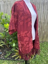 Cárdigan Chico’s Floral Jacquard Ruana Envolvente Flecos Dobladillo Borgoña Topper Talla S/M