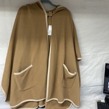 Le Moda Cape Fleece Camel Tan Hooded Big Button Wrap One Size New