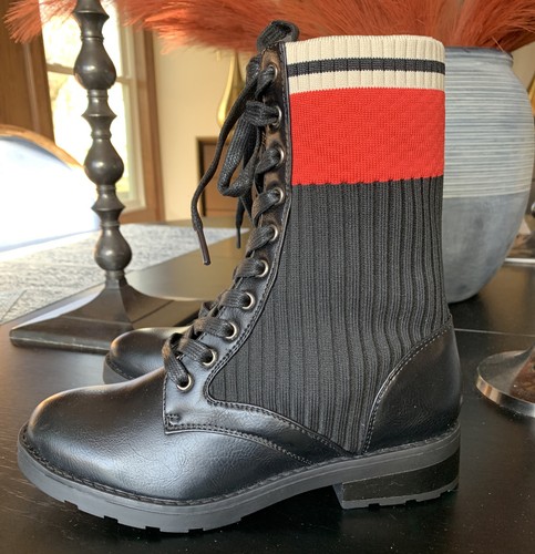 Azalea Wang Boots Size 7.5 Black Combat Splendid Red Sock Bin2 - Picture 5 of 10