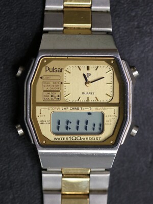 Rare Pulsar Ana-Digi Dual Time Quartz Stopwatch Alarm Two Tone