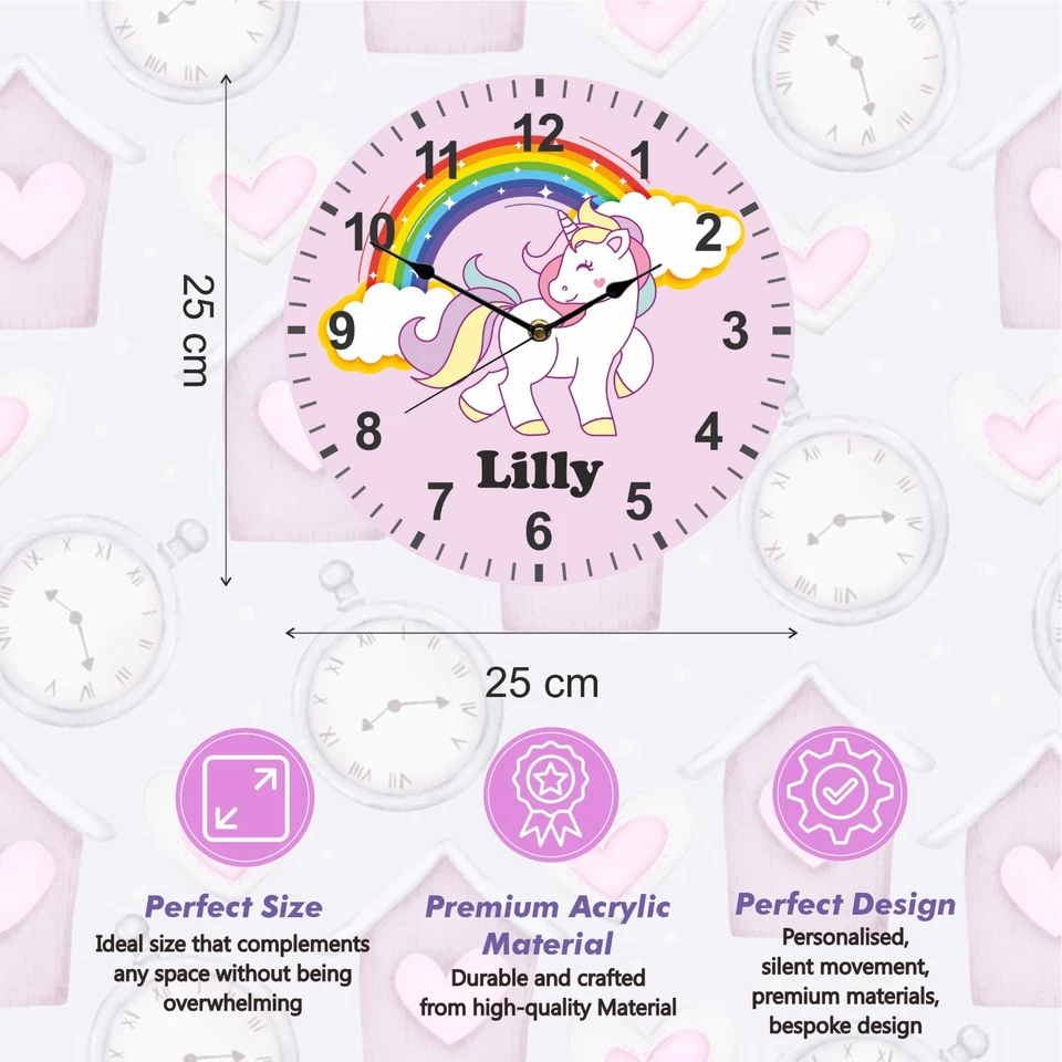 Kids Unicorn Clock - Personalised with Any Name - 25cm Silent Clock -Unique Gift - Image 3 of 4