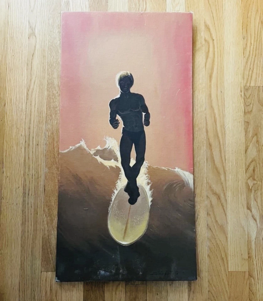 Vintage Oil Painting 1971 Sunset Surfer Original Artist 15’x30’ Signed Foto 2 de 4