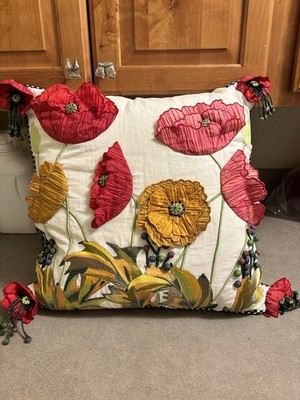 MacKenzie-Childs Embroidered Red Poppy Dot Square Pillow EUC