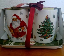 Spode Christmas Tree Santa Set of 2 Porcelain Mugs and Melamine Tray NEW