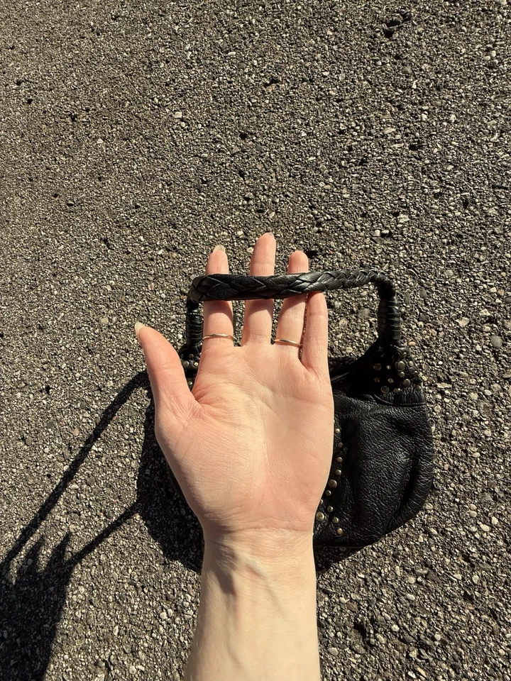 Bolso de Hombro Hobo Negro Tachonado Cuero Genuino Correa Trenzada Boho Rocker 12.5x7 Foto 4 de 4