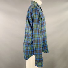 VINCE Size S Green Blue Plaid Cotton Blend Raw Edge Long Sleeve Shirt