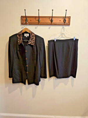 Vintage LENA GABRIELLE 2-PC Jacket + Skirt Suit Size 16 Suit Leopard Collar