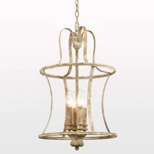 French Country Lantern Chandelier 4-Light Distressed White Pendant Light Fixt...