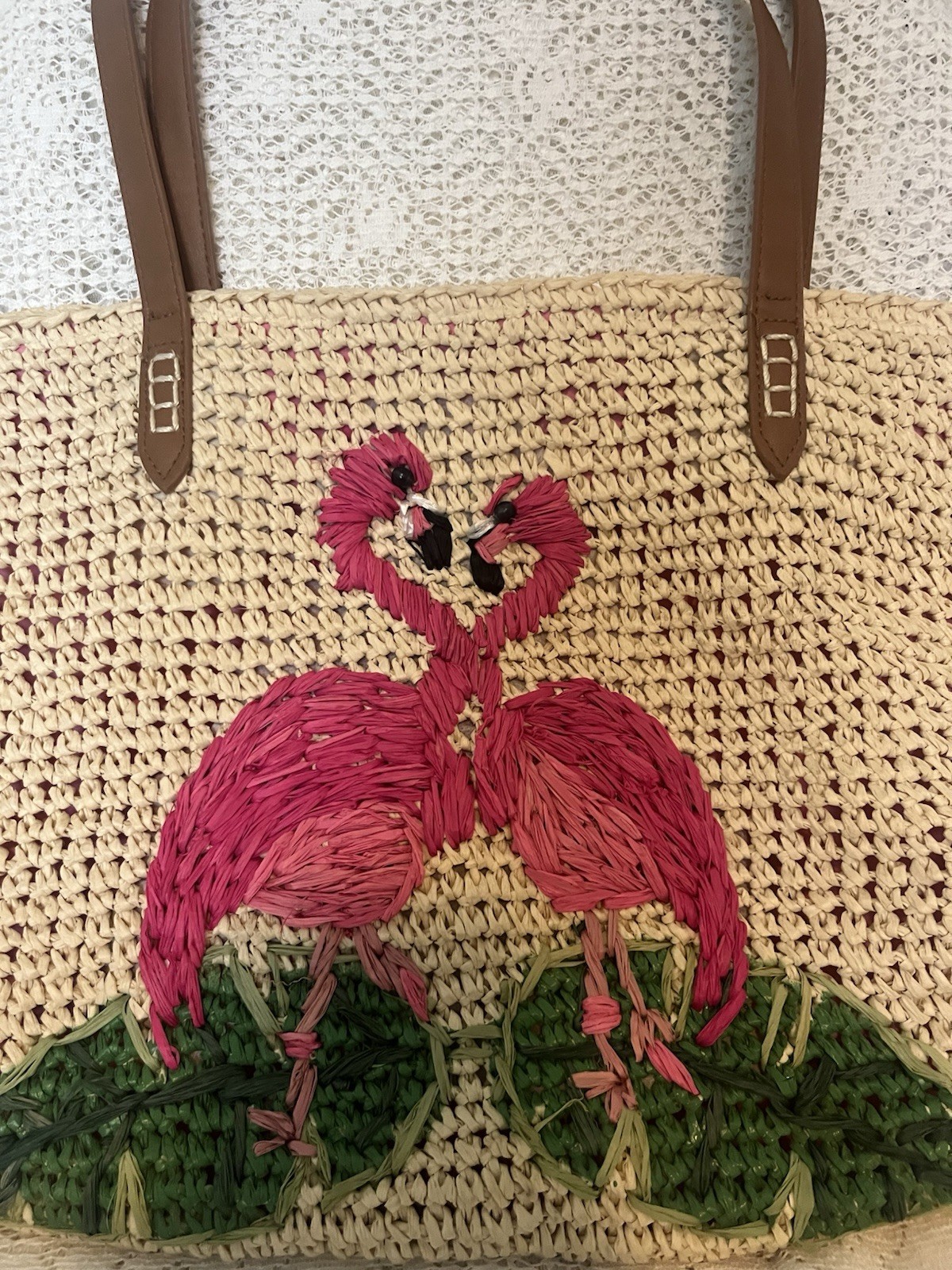 Pink Flamingo Straw Woven Shoulder Tote Beach Bag for Spring Break