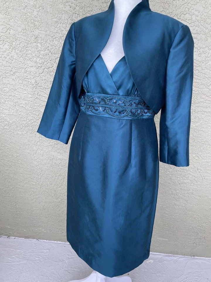 Adrianna Papell Sheath Dress With Jacket Beaded Bodice Blue Size 10 - Image 3 of 4