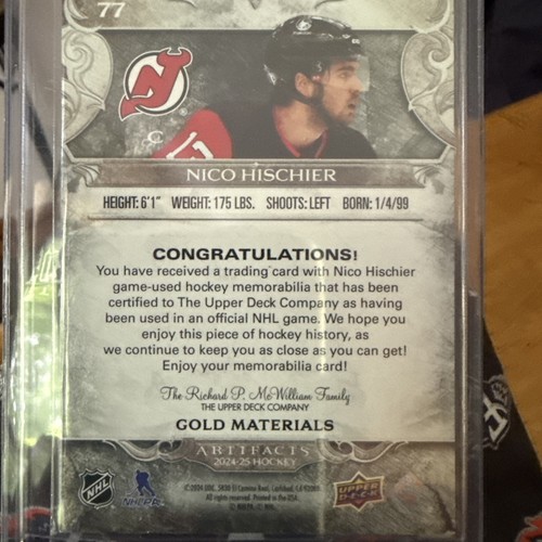2024-25 Upper Deck Artifacts Nico Hischier Gold Materials 059/299 - Picture 2 of 4