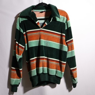 Vintage Velour Shirt 70s Esprit By Campus Polo Stripe Pullover Men's Large Green