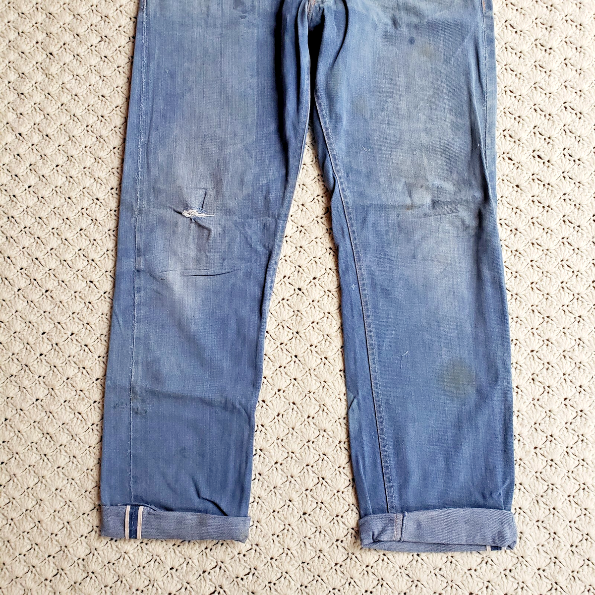 Vtg Roebucks Mens Selvedge Denim Gripper Zipper Redline Jeans 50s