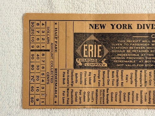 Biglietto usato The Erie Railroad Company New York NY a Paterson ricevuta tariffaria contanti - Foto 2 di 6