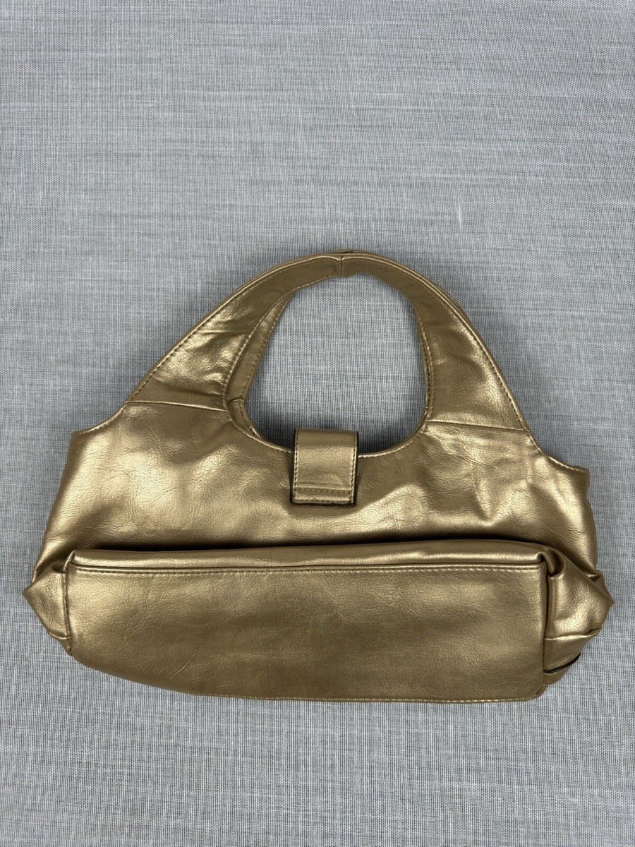 【archive】90s Gold-buckles Leather bag Gold Metallic Faux Leather Top Handle Purse Bag Buckle Y2K