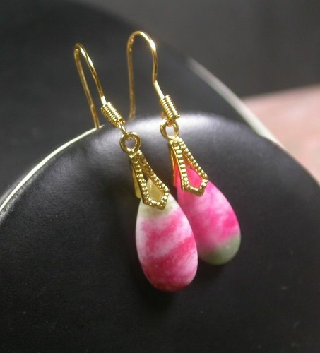 Real Red White Green Jade Teardrop Drop Yellow Gold Plated Hook Dangle Earrings - Picture 2 of 6