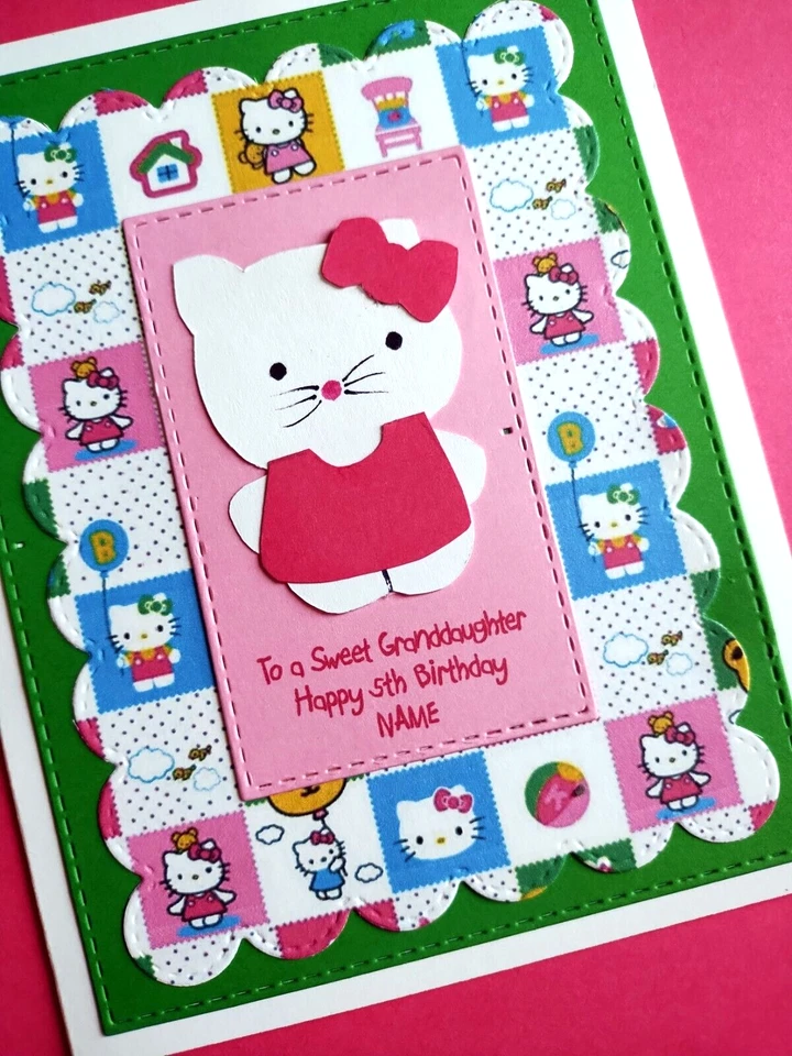 Tarjeta de cumpleaños Hello Kitty nombre personalizado y edad hecha a mano con verso en el interior Foto 3 de 4
