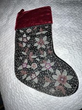 NEW OLD STOCK Vintage Red Black Velvet Holly Poinsettia Beads Christmas Stocking