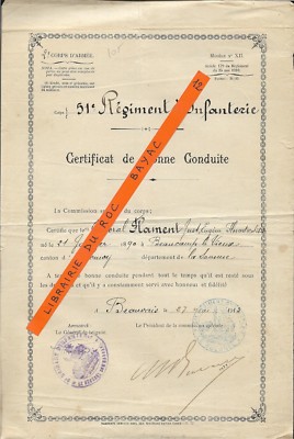 BEDARFSZEUGNIS Beauvais 1913 + 51. R.I. + Caporal FLAMENT Just