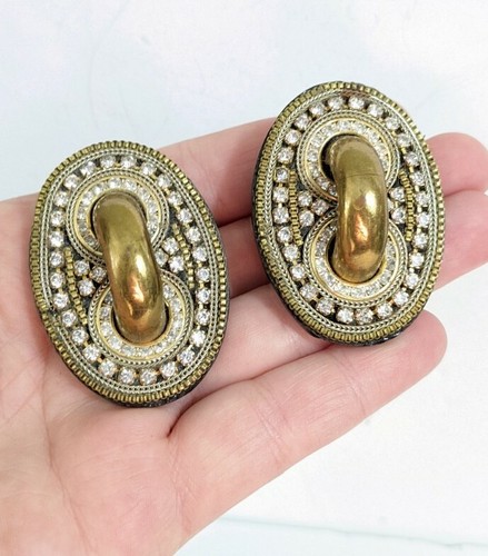 M &J Hansen 88 Signed 1980s Glam Oval Clip On Rhinestone Earrings - Foto 1 di 6