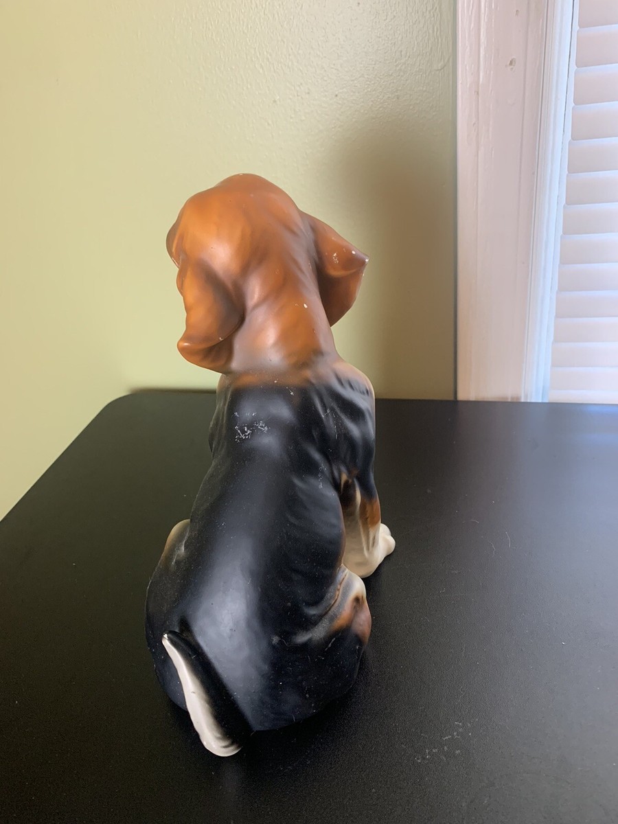 Vintage Large Japan Porcelain Dog Hound Sitting Brown Black Puppy
