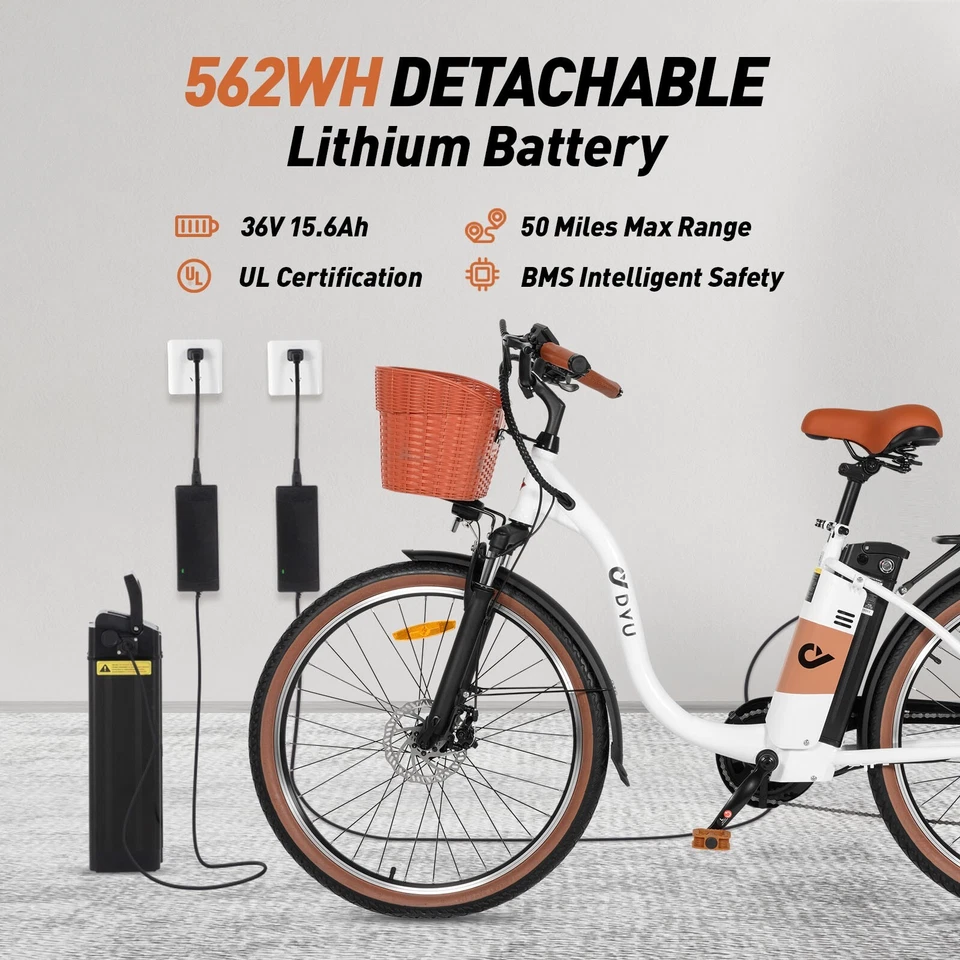 Bicicleta Eléctrica de Cercanías DYU 26" para Adultos, 350W 36V 15.6AH, 7 Velocidades, Cruiser City Foto 2 de 4