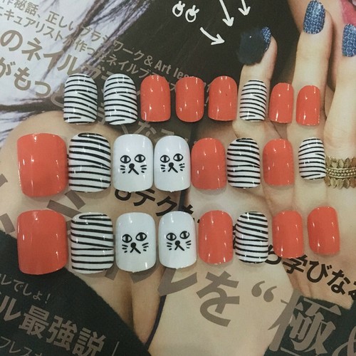 Katze Nail Art Kontrastlinien 24 kurze falsche Nägel fertig - Bild 4 von 5