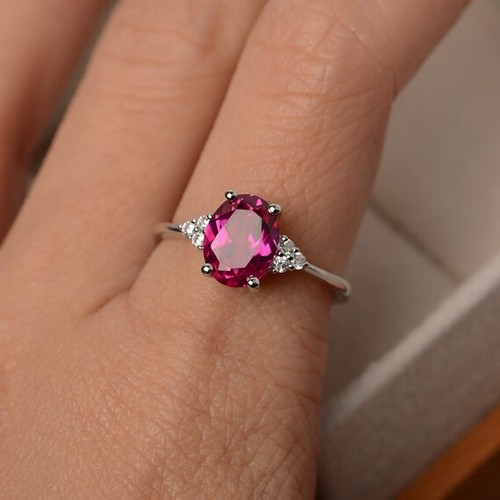 2.15 Ct Oval Cut Natural Ruby & Diamond Wedding Ring 14k White Gold Size 7 - Picture 2 of 7