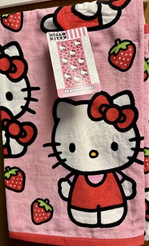 NWT! 🍓Sanrio HELLO KITTY Cotton Beach Pool Bath Towel Pink Strawberry ⛱️🍓 - Picture 2 of 3