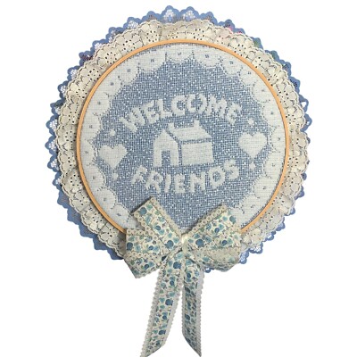 Vintage Welcome Sign Blue White Ruffled Trim Oversized Bow 10.5'' Size