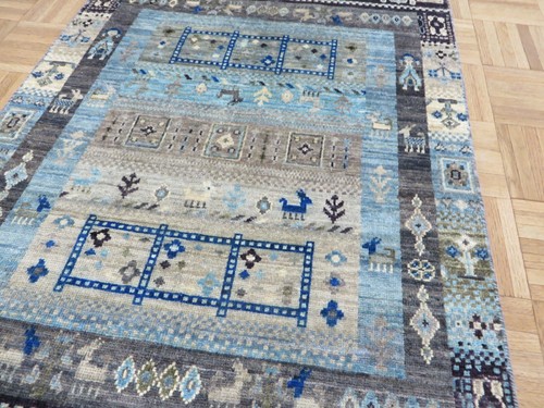 Alfombra oriental Gabbeh Peshawar 2'6 x 3'10 anudada a mano azul G11039 - Imagen 5 de 8