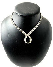 Statement Necklace Black Teardrop Rhinestone Pendant Silver Tone Box Clasp 9 "