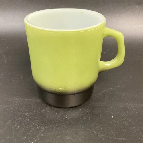 Anchor Hocking Fire King Avocado Green w/ Black Base 3 1/2” Stackable Mug VTG