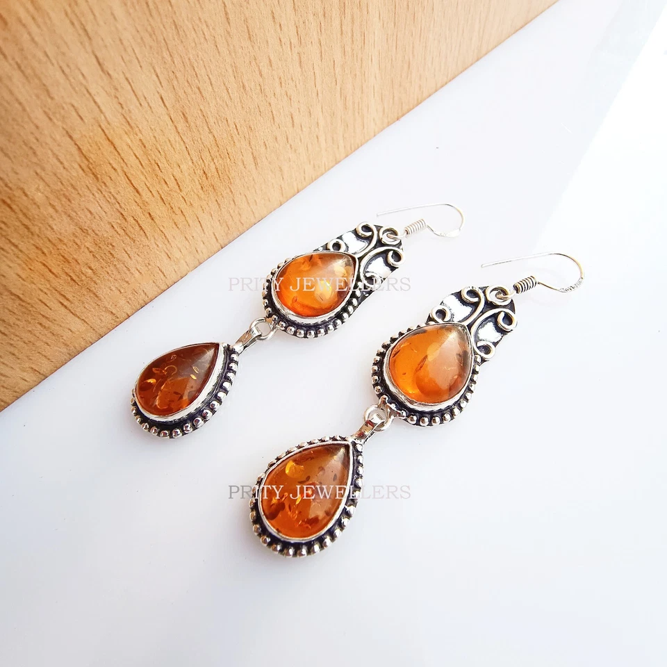 Lindo Brinco Banhado a Prata Âmbar, Brinco Antigo, Brinco de Âmbar Feito à Mão - Imagem 2 de 4