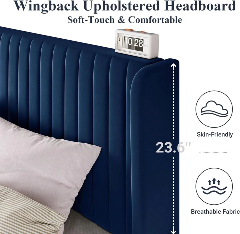 Marco de cama de terciopelo Sifurni/cabecero vertical acolchado con respaldo de ala/sin somier/azul Foto 3 de 4