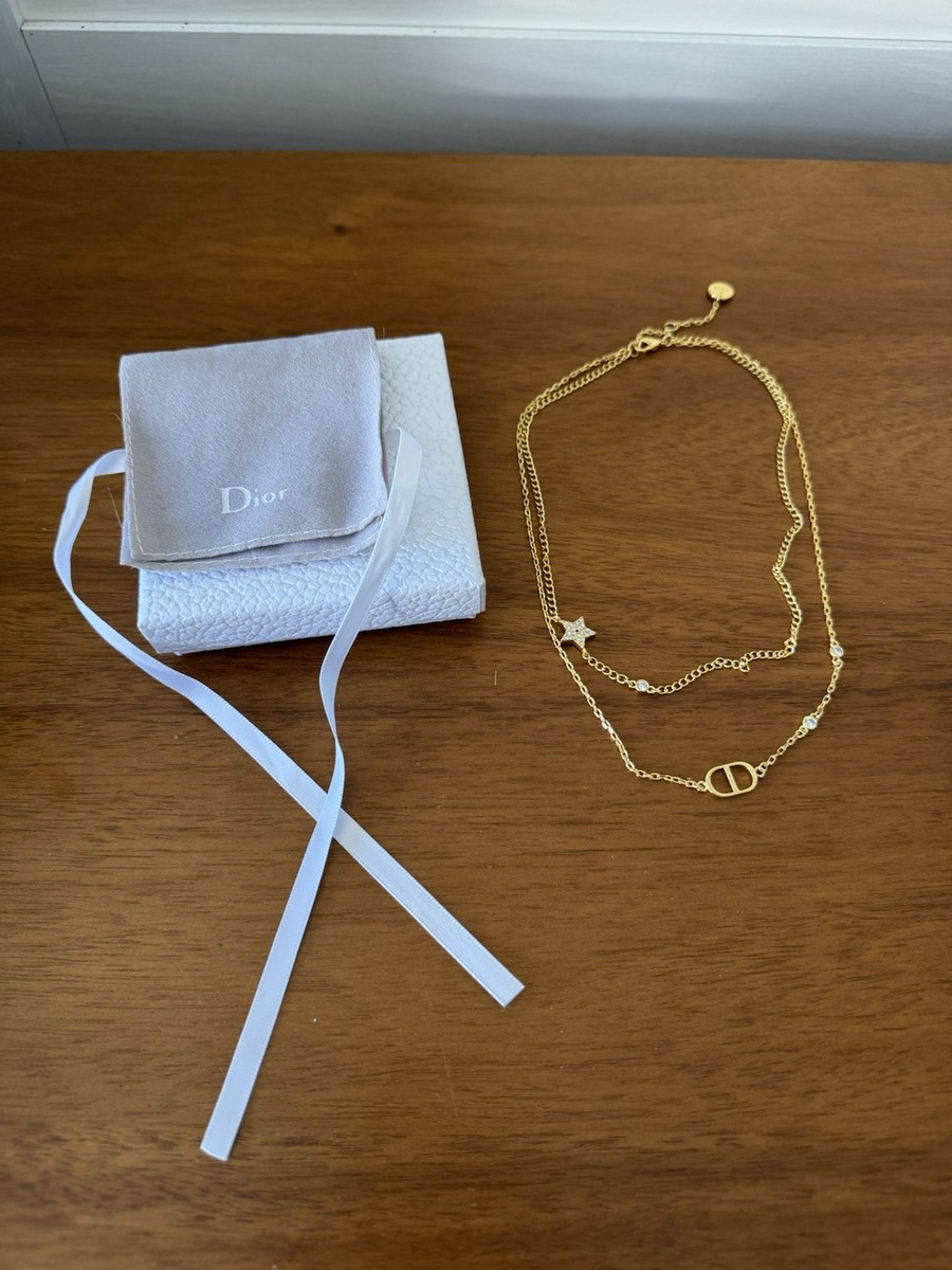 Christian Dior Petit CD Double Necklace White Crystals Gold Metal