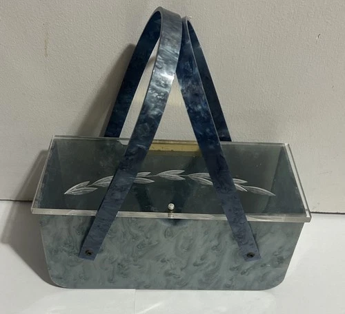 50s Vintage Blue Handle Marbleized Lucite Box Bag Purse