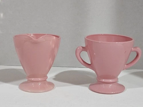 Vintage ~ Hazel Atlas ~ Pink Rose Milk Glass ~ Footed Creamer And Sugar Bowl
