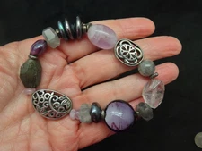 Silpada Sterling Silver Amethyst, Feldspar, Pearl, Quartz & Glass Bead Bracelet