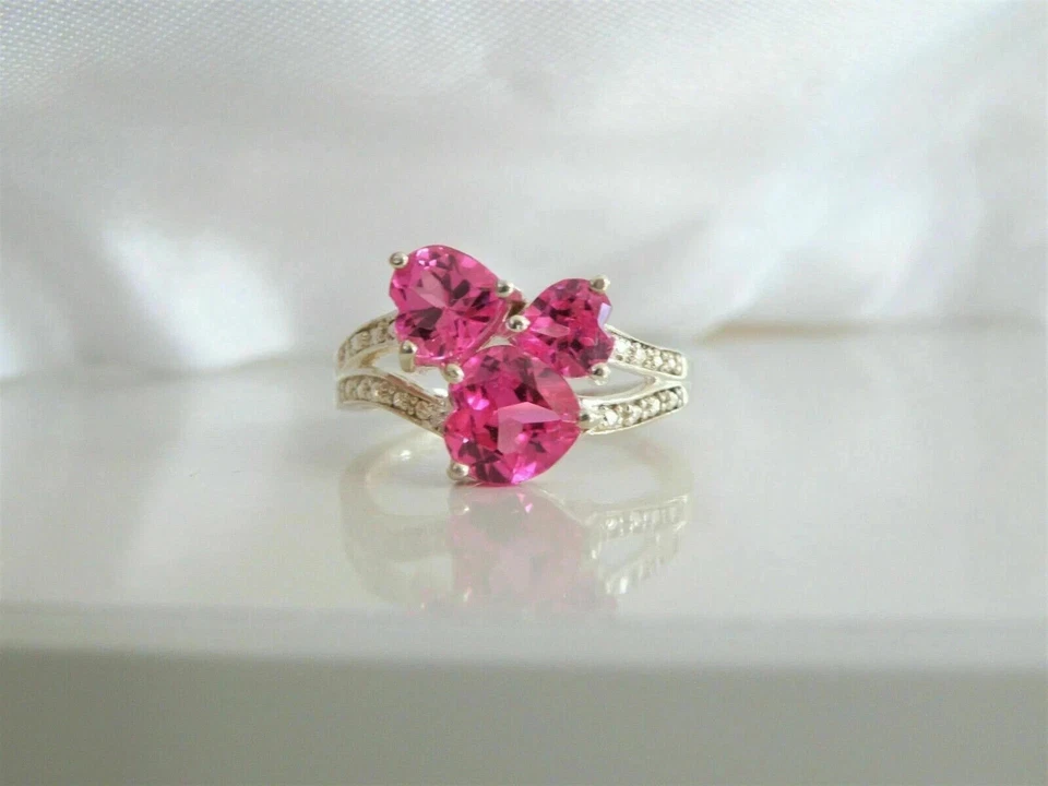 Помолвочное кольцо с тремя камнями сапфиром с покрытием из белого золота 14 карат 3 карата - Изображение 3 из 4