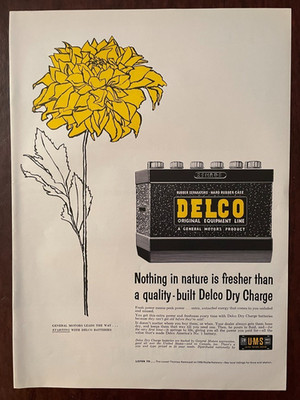 1957 General Motors Delco Car Battery Vintage Print Ad Yellow Flower