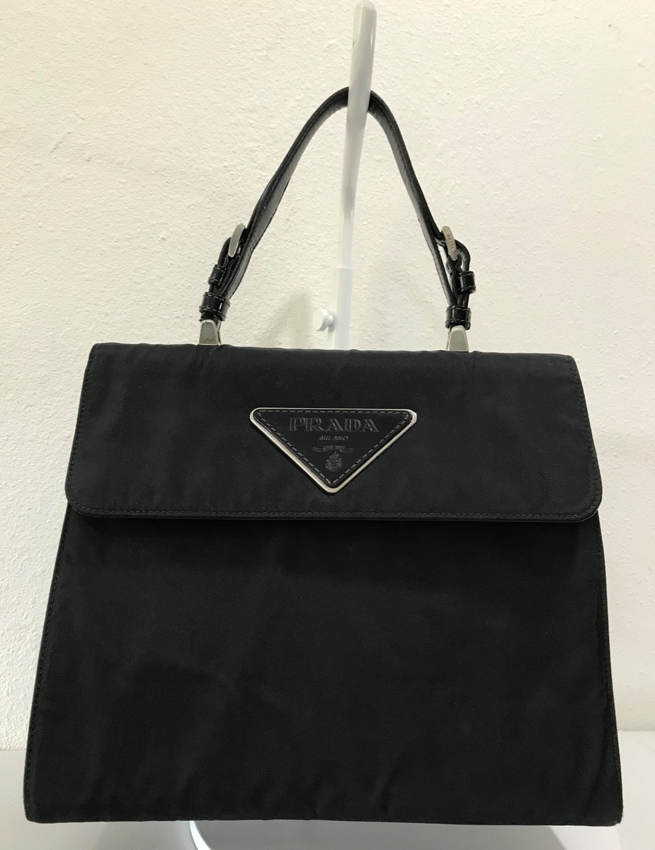Prada Black Nylon With Black Trim Top Handle Handbag Purse