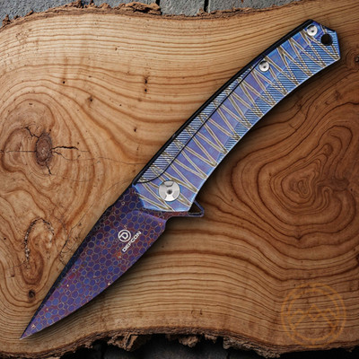 Defcon JK Folding Knife 3.75'' Damascus Steel Blade Titanium/Timascus Handle